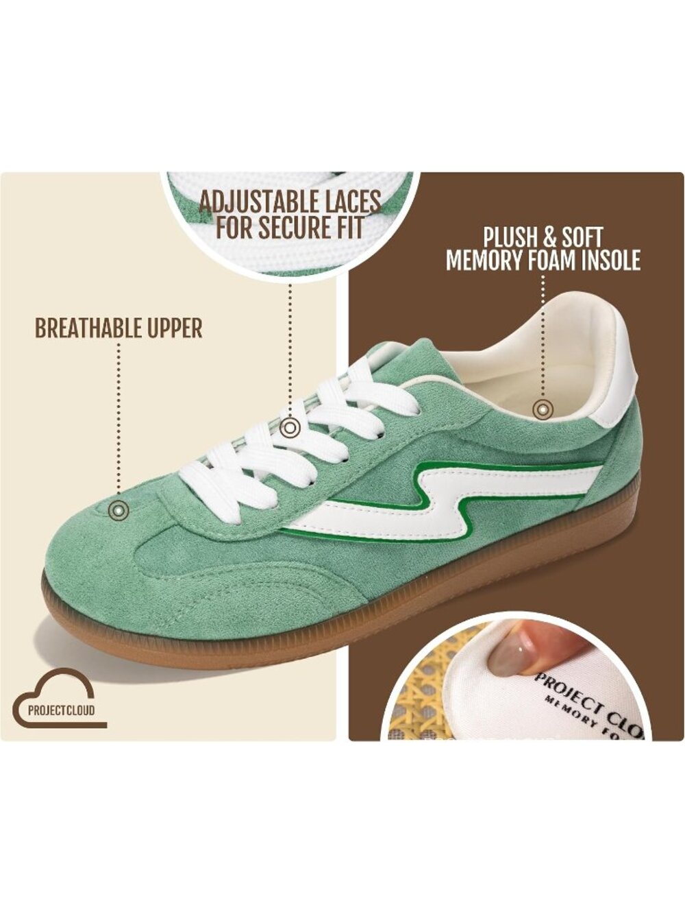 Project Cloud Women's Green Multi Sneakers Soft Memory Foam Insole Lace Up Shoes